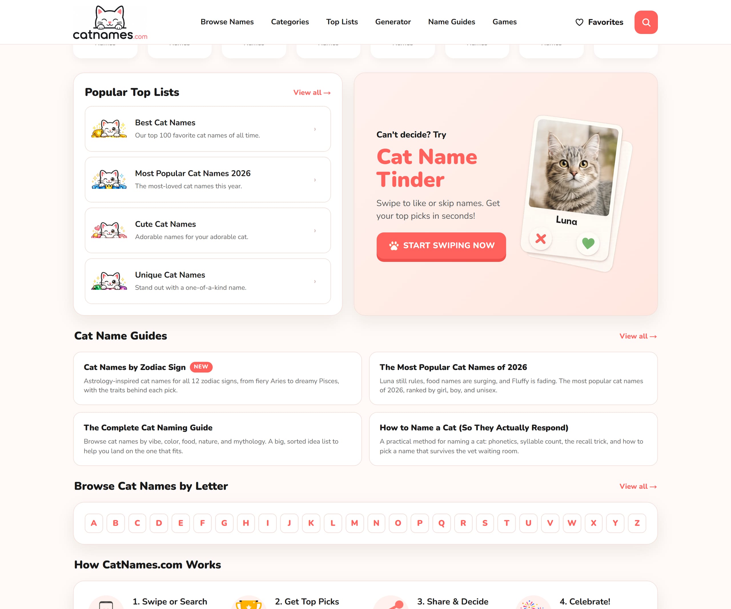 CatNames.com, section 1 of the page as it renders
