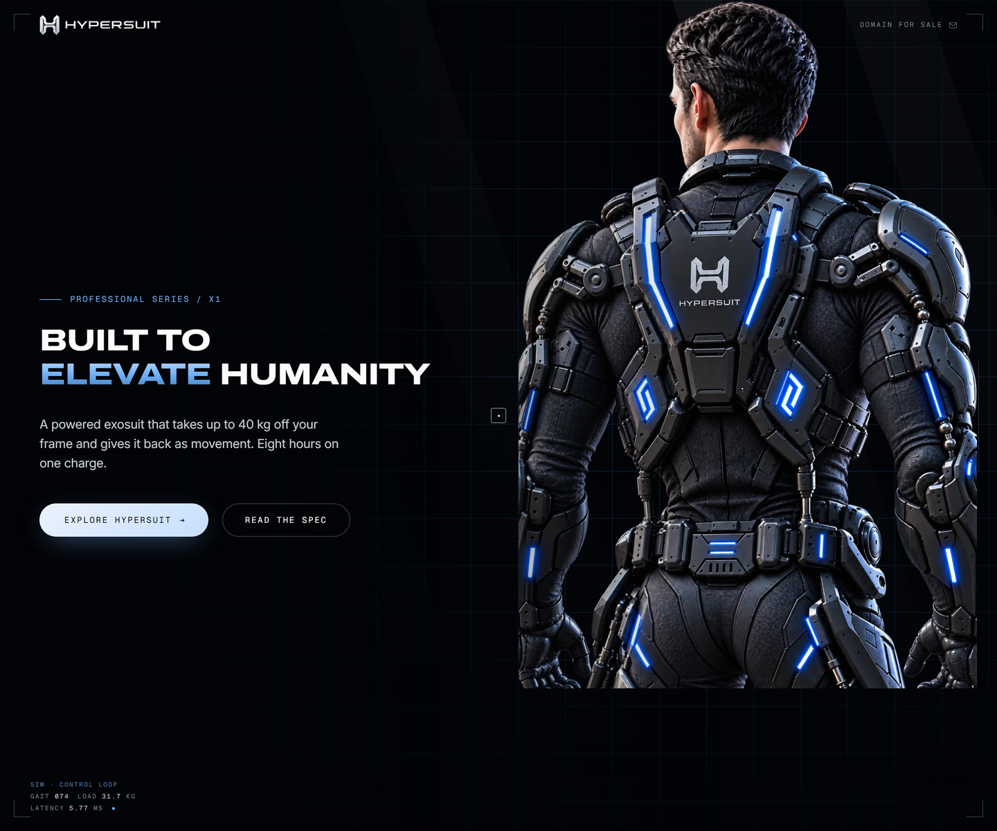 HyperSuit web design (Dark, Big Type, Minimal)