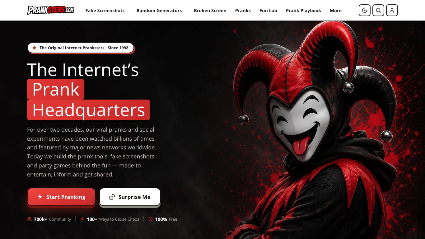 Pranksters.com web design (Dark, Big Type, Illustrative)